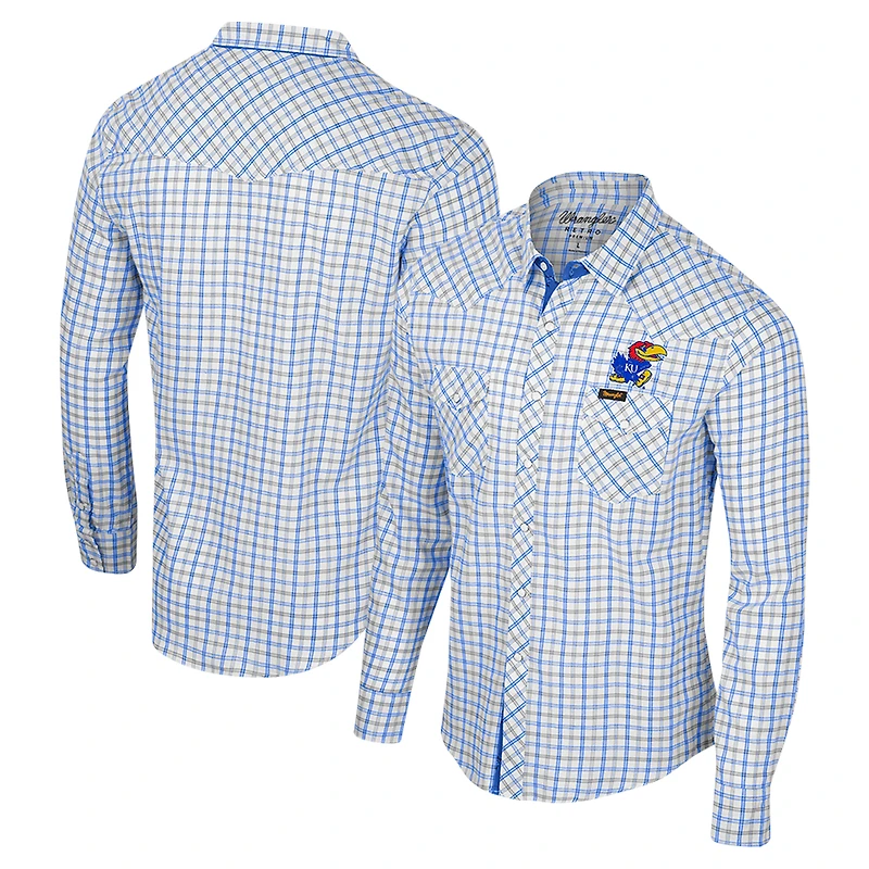 Chemise à manches longues et bouton-pression Colosseum x Wrangler pour hommes, blanche, Kansas Jayhawks, carreaux avec fenêtre