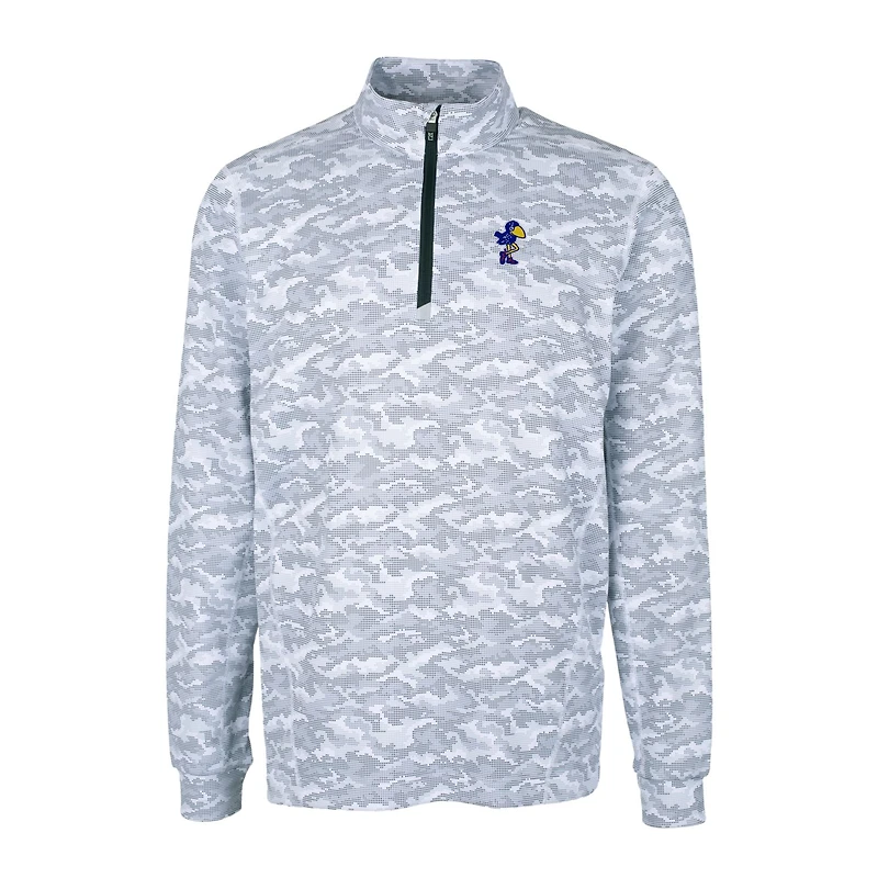 Men's Cutter & Buck Charcoal Kansas Jayhawks Vault Big Tall Traverse Camo Print Stretch Quarter-Zip Pullover Top