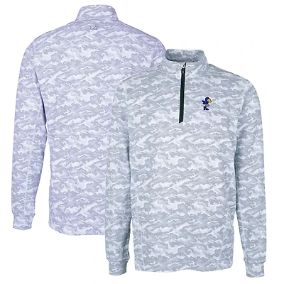 Men's Cutter & Buck Charcoal Kansas Jayhawks Vault Big Tall Traverse Camo Print Stretch Quarter-Zip Pullover Top