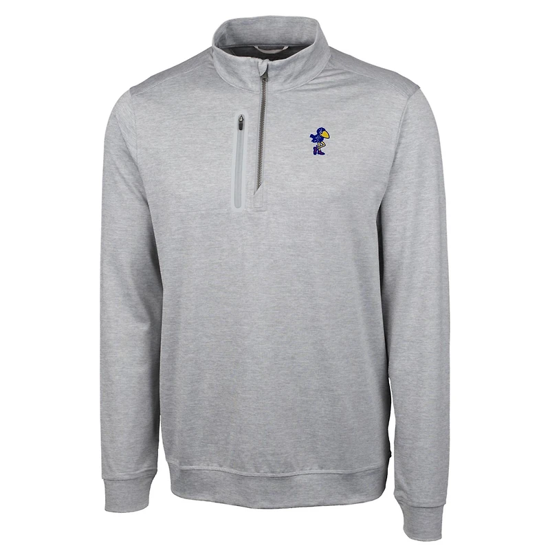 Men's Cutter & Buck Gray Kansas Jayhawks Heathered Vault Stealth Quarter-Zip Pullover Top