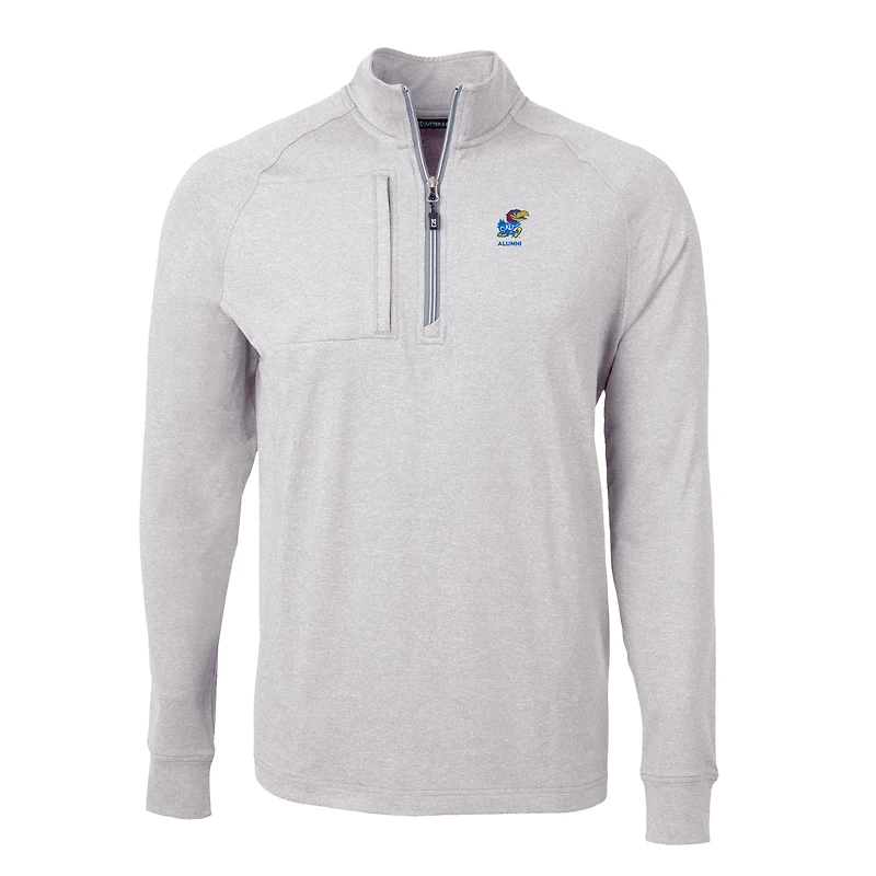 Men's Cutter & Buck  Heather Gray Kansas Jayhawks Alumni Logo Adapt Eco Knit Heathered Recycled Quarter-Zip Pullover Top