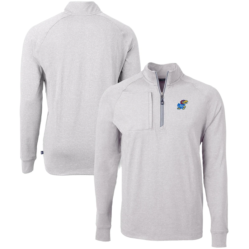 Men's Cutter & Buck Heather Gray Kansas Jayhawks Big Tall Adapt Eco Knit Quarter-Zip Pullover Top