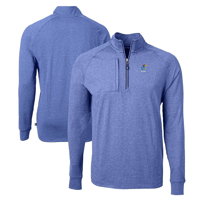 Men's Cutter & Buck  Heather Royal Kansas Jayhawks Alumni Logo Adapt Eco Knit Heathered Recycled Quarter-Zip Pullover Top