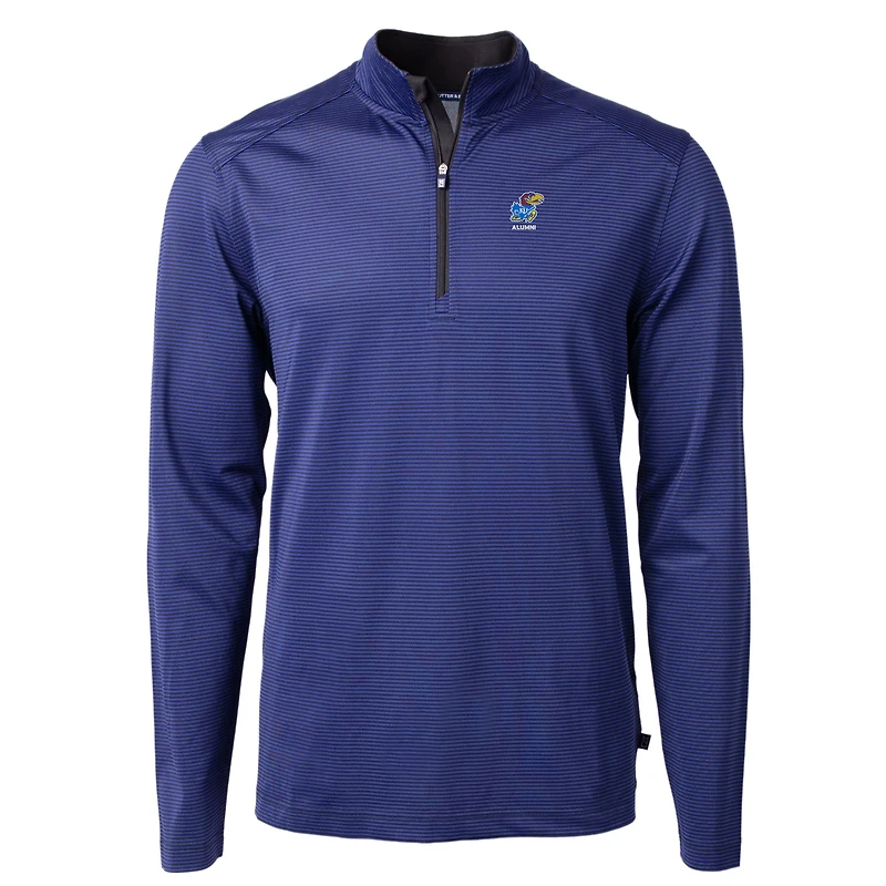 Men's Cutter & Buck  Royal Kansas Jayhawks Alumni Logo DryTec Virtue Eco Pique Micro Stripe Recycled Quarter-Zip Pullover Top