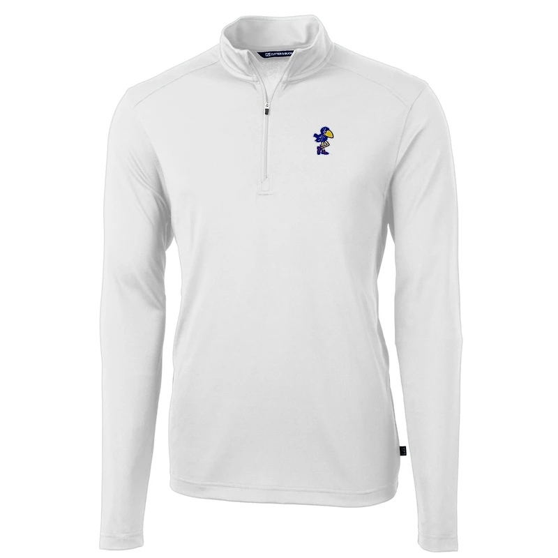 Men's Cutter & Buck White Kansas Jayhawks Team Big Tall Virtue Eco Pique Recycled Quarter-Zip Pullover Top