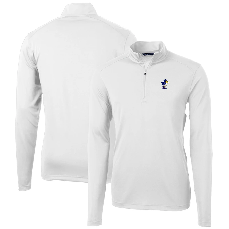 Men's Cutter & Buck White Kansas Jayhawks Virtue Eco Pique Recycled Quarter-Zip Pullover Top
