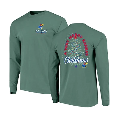 Men's  Green Kansas Jayhawks Comfort Colors Merry Christmas Tree Long Sleeve T-Shirt