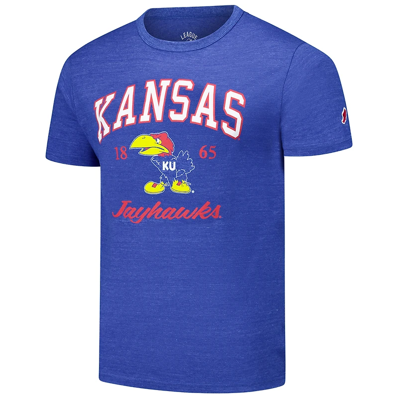 Men's League Collegiate Wear Heather Royal Kansas Jayhawks  Arch Script Victory Falls Tri-Blend T-Shirt