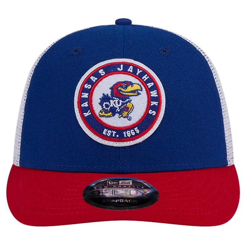 Casquette de camionneur Snapback 9FIFTY Royal Kansas Jayhawks Throwback Circle Patch New Era pour hommes