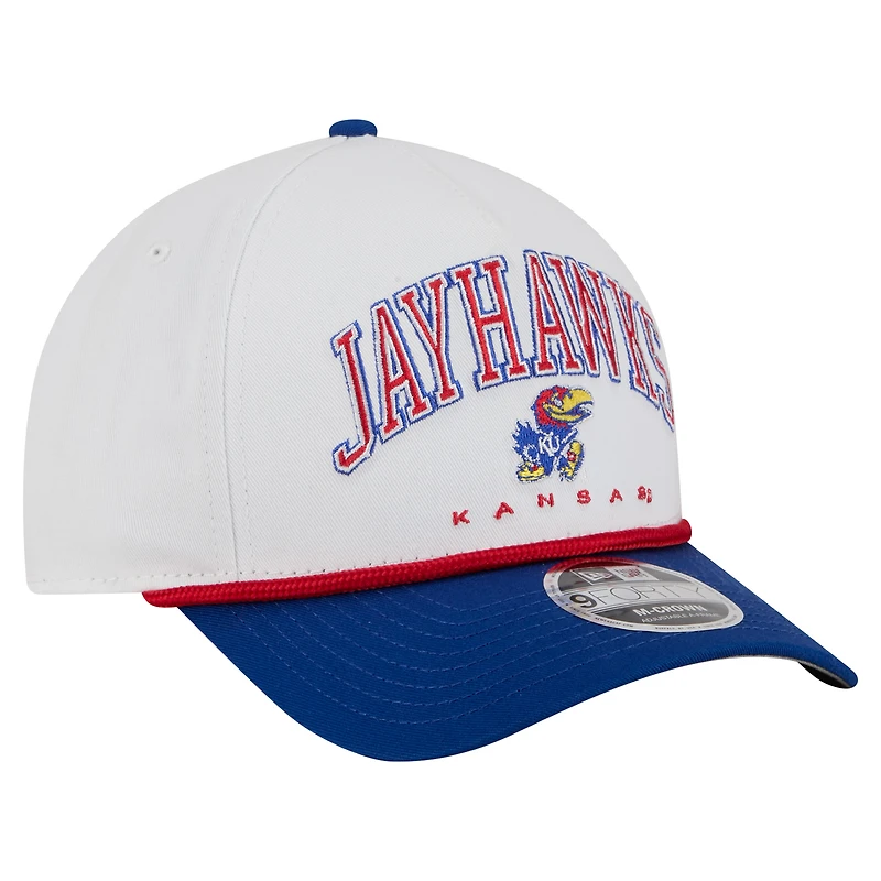 Men's New Era White/Royal Kansas Jayhawks Arch Two-Tone Rope 9FORTY A-Frame M-Crown Adjustable Hat