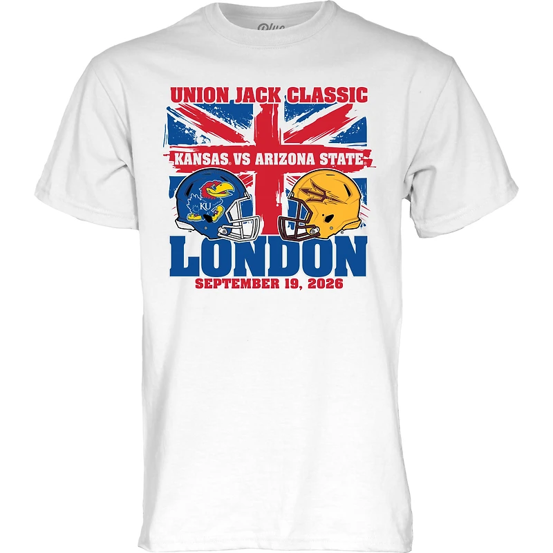 T-shirt unisexe bleu 84 blanc Kansas Jayhawks contre Arizona State Sun Devils 2026 Union Jack Classic Matchup