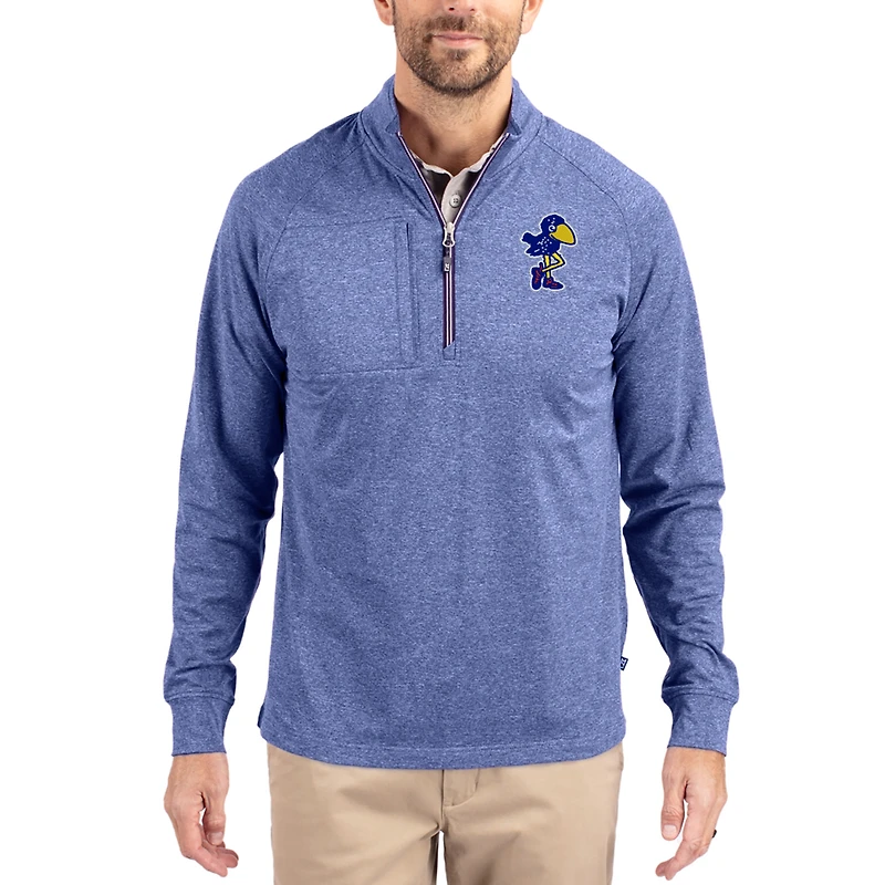Pull à col zippé raglan bleu chiné Kansas Jayhawks de Cutter & Buck pour femme, en maille écologique extensible DryTec recyclée.