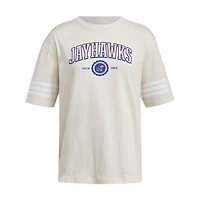 Women's adidas Cream Kansas Jayhawks Fashion Three-Stripes Oversized T-Shirt