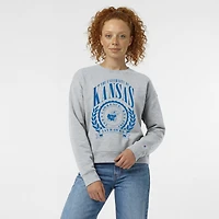 Sweat-shirt à col rond Champion pour femmes, gris chiné, avec écusson académique des Kansas Jayhawks et composition Powerblend.