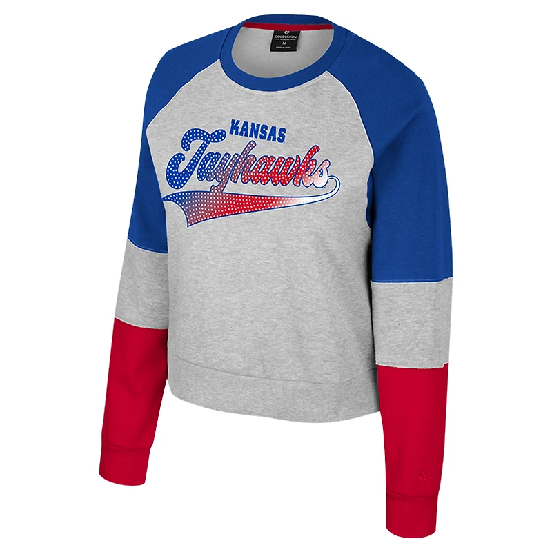 Women's Colosseum Heather Gray Kansas Jayhawks Katinka Rhinestone Scoop Neck Pullover Sweatshirt