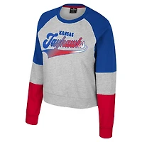Women's Colosseum Heather Gray Kansas Jayhawks Katinka Rhinestone Scoop Neck Pullover Sweatshirt