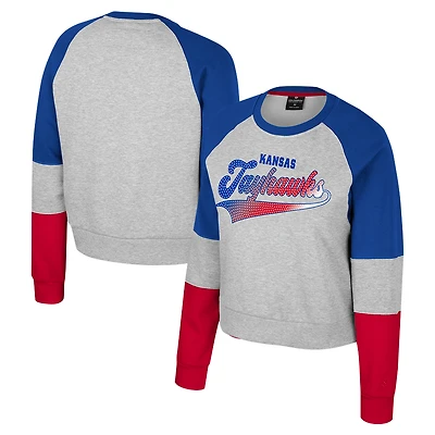 Women's Colosseum Heather Gray Kansas Jayhawks Katinka Rhinestone Scoop Neck Pullover Sweatshirt