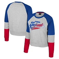 Women's Colosseum Heather Gray Kansas Jayhawks Katinka Rhinestone Scoop Neck Pullover Sweatshirt