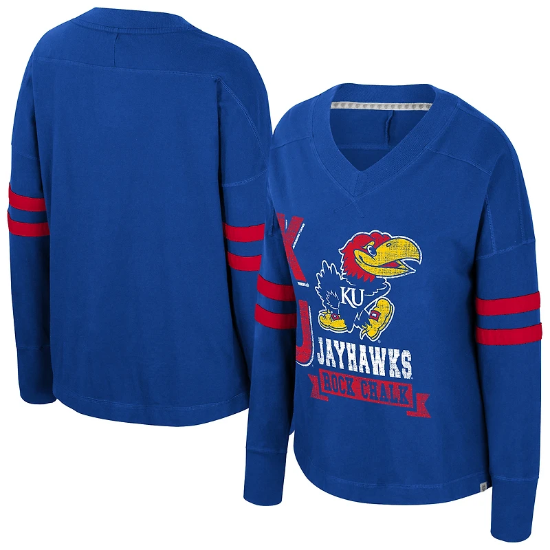 Women's Colosseum  Royal Kansas Jayhawks Oversized Violet Distressed V-Neck Long Sleeve T-Shirt