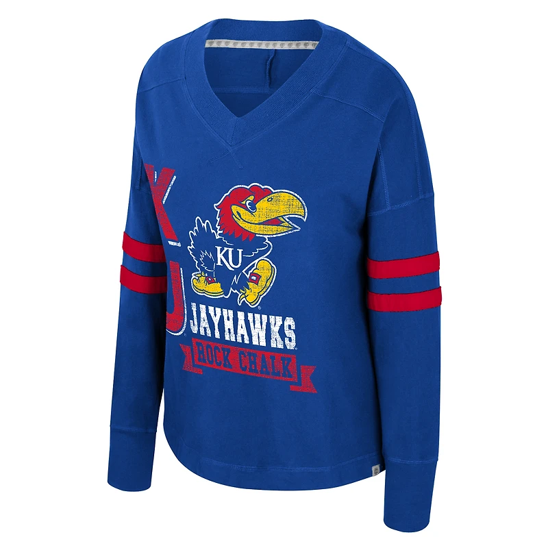 Women's Colosseum  Royal Kansas Jayhawks Oversized Violet Distressed V-Neck Long Sleeve T-Shirt