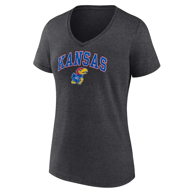 T-shirt à col en V pour femme Fanatics Heather Charcoal Kansas Jayhawks Campus