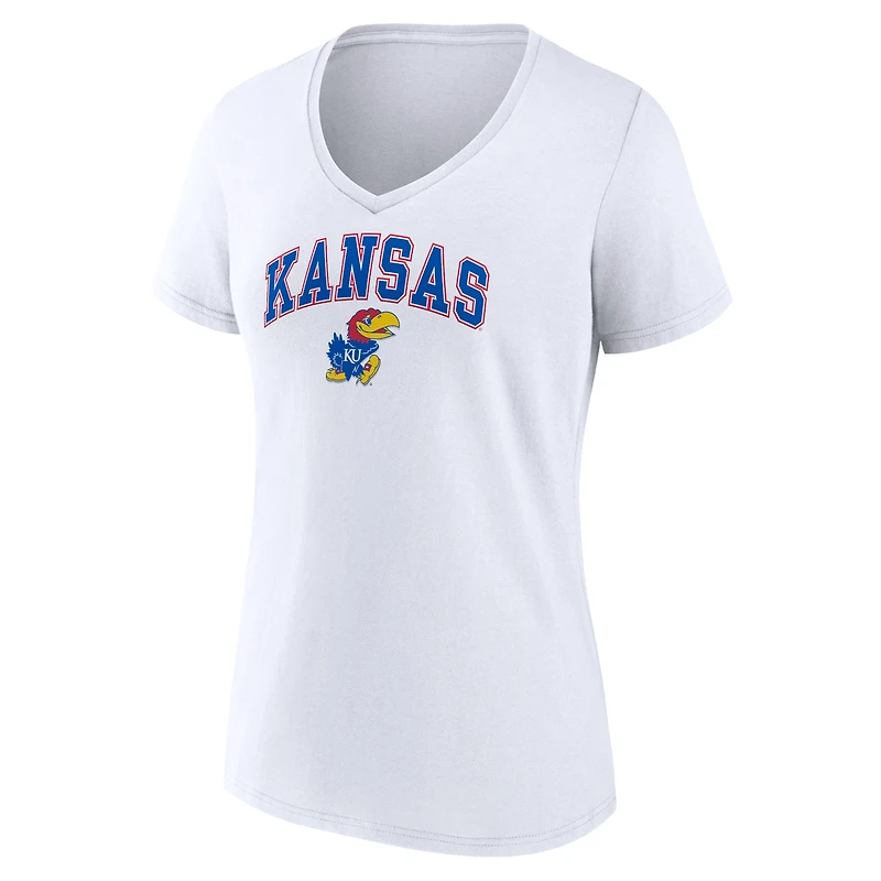 T-shirt à col en V blanc Kansas Jayhawks Fanatics pour femmes