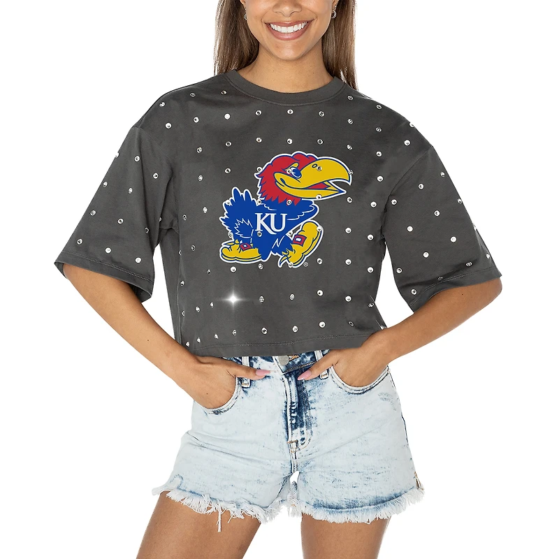 T-shirt court à strass Kansas Jayhawks Go Time pour femme, gris, Gameday Couture