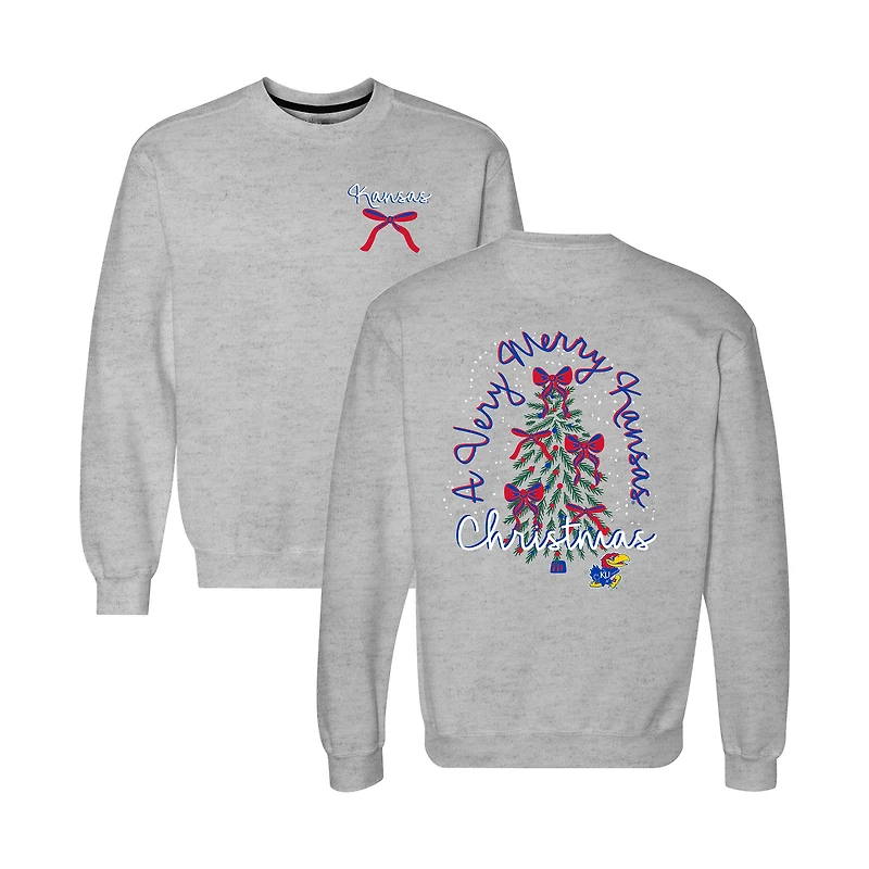 Women's Heather Gray Kansas Jayhawks Classic Merry Christmas Tree Crewneck Sweatshirt