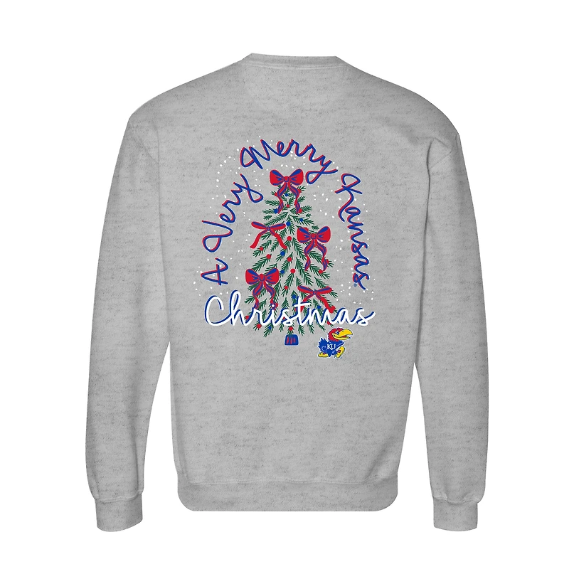 Women's Heather Gray Kansas Jayhawks Classic Merry Christmas Tree Crewneck Sweatshirt
