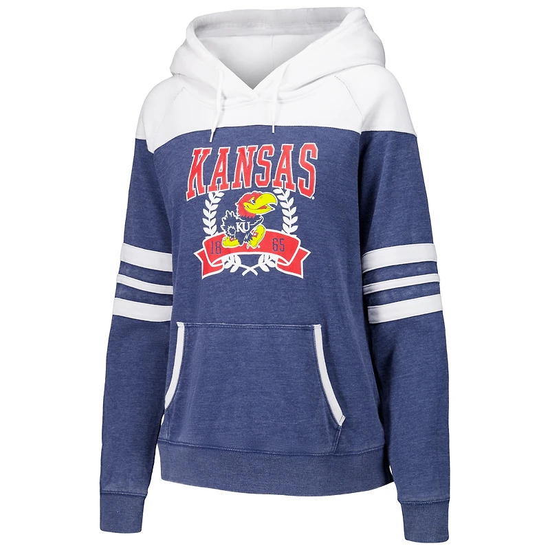 Women's Navy Kansas Jayhawks Blitz Striped Blocked Raglan Pullover Hoodie