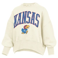 Women's Pressbox Natural Kansas Jayhawks Oversized Waist-Length Crewneck Sweatshirt