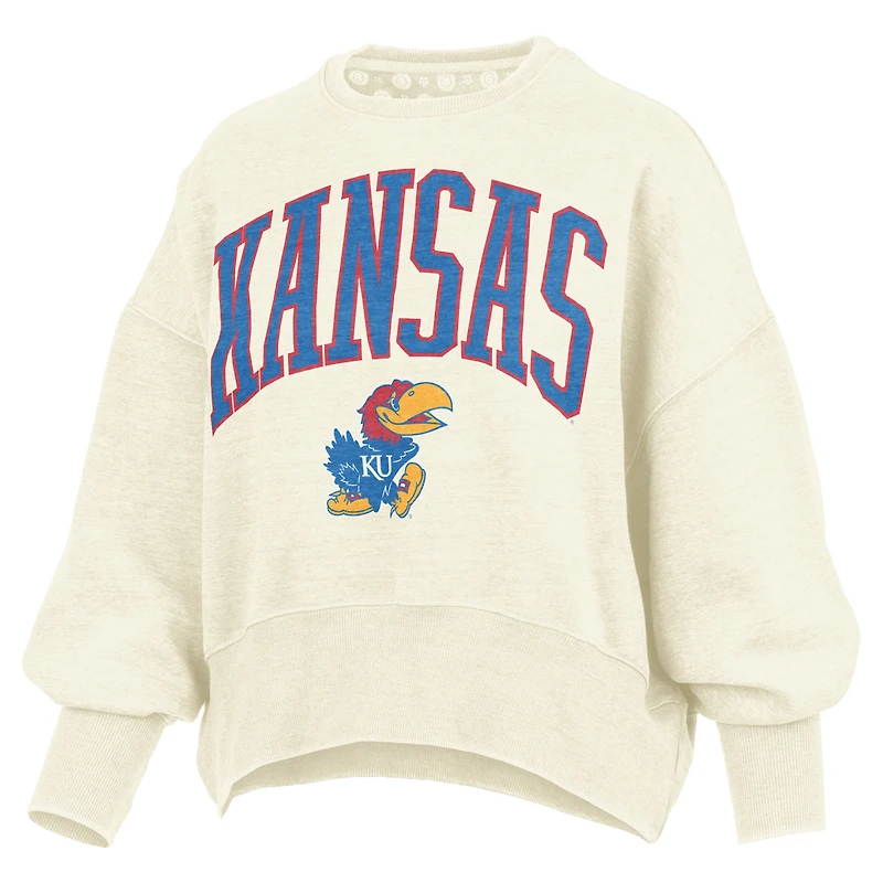 Women's Pressbox Natural Kansas Jayhawks Oversized Waist-Length Crewneck Sweatshirt