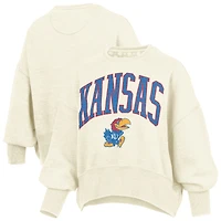 Women's Pressbox Natural Kansas Jayhawks Oversized Waist-Length Crewneck Sweatshirt
