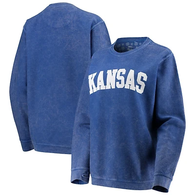 Sweat-shirt à enfiler basique Pressbox Royal Kansas Jayhawks pour femme, en velours côtelé délavé vintage.