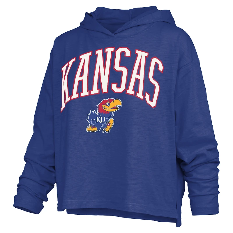 T-shirt à capuche manches longues Pressbox Royal Kansas Jayhawks Nelson Arch Over Logo pour femmes
