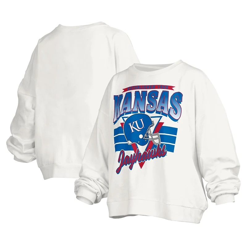 Women's Pressbox White Kansas Jayhawks Janice Retro Logo Oversized Pullover Sweatshirt