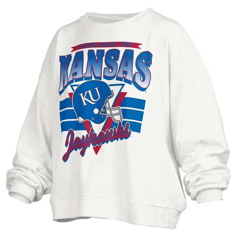 Women's Pressbox White Kansas Jayhawks Janice Retro Logo Oversized Pullover Sweatshirt