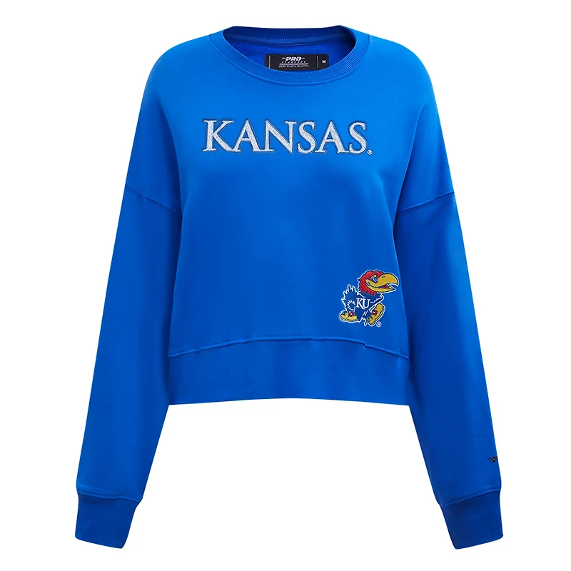 Women's Pro Standard Royal Kansas Jayhawks Sequin Boxy Cropped Pullover Sweatshirt