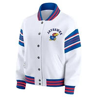 Women's WEAR by Erin Andrews White/Royal Kansas Jayhawks Satin Stitch Full-Snap Fleece Sweatshirt Jacket