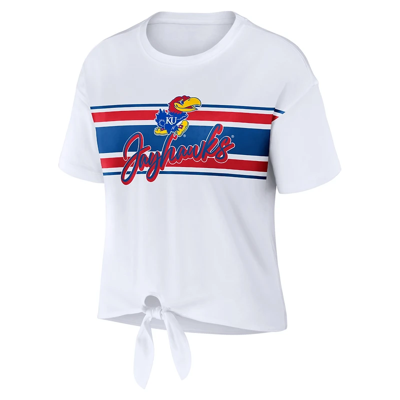 WEAR by Erin Andrews - T-shirt court rayé avec nœud sur le devant des Jayhawks du Kansas, blanc