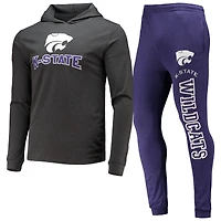 Men's Concepts Sport Purple/Heather Charcoal Kansas State Wildcats Meter Long Sleeve Hoodie Top & Jogger Pajama Set