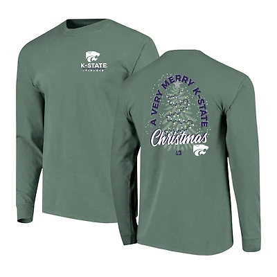 Men's  Green Kansas State Wildcats Comfort Colors Merry Christmas Tree Long Sleeve T-Shirt
