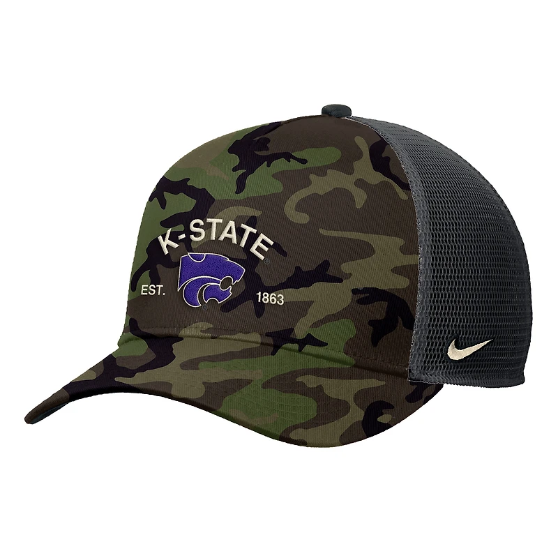 Men's Nike Camo Kansas State Wildcats 2025 Military Appreciation Rise Adjustable Trucker Hat