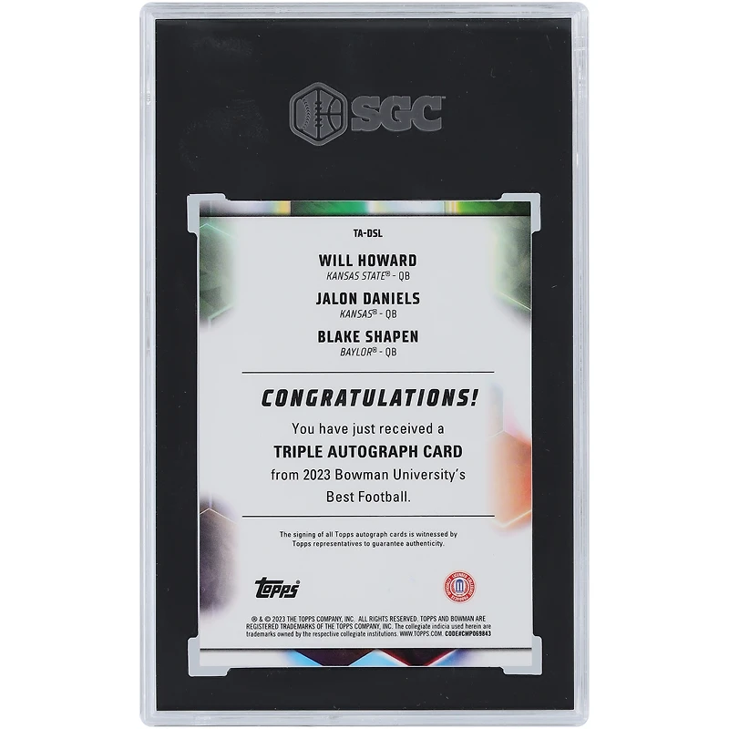 Will Howard, Jalon Daniels et Blake Shapen ont autographié la carte orange Best Triple Auto 2023 de l'Université Bowman #TA-DSL #2/10 SGC authentifiée 9/10