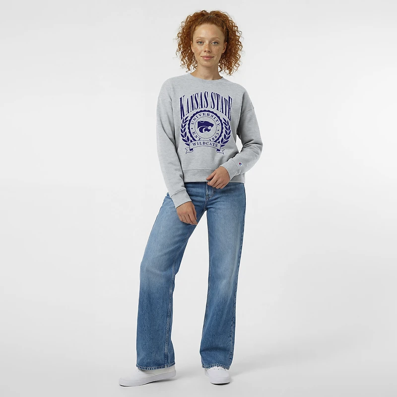 Sweat-shirt à col rond Powerblend gris chiné pour femme, modèle Champion, avec écusson académique des Kansas State Wildcats.