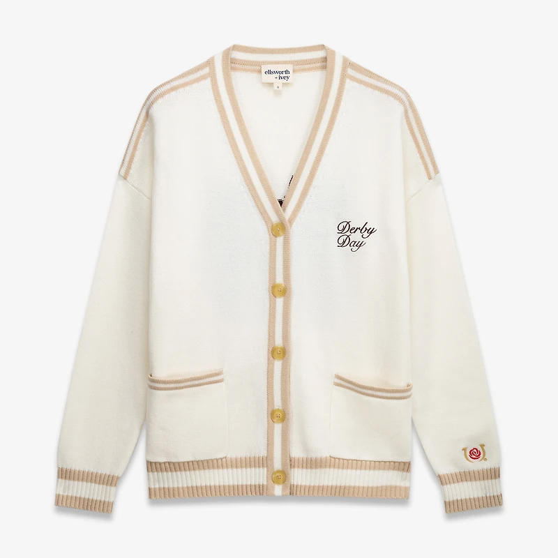 Women's Ellsworth & Ivey White Kentucky Derby Emily Varsity Oversized Full-Button Cardigan