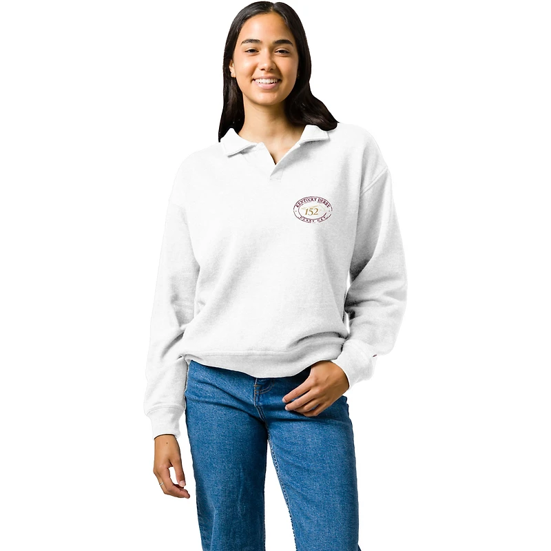 Sweat-shirt blanc pour femme « 152e Kentucky Derby » avec col Victor Springs et motif cheval d'une autre couleur.