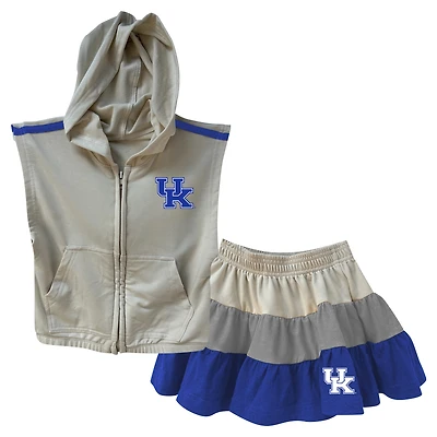 Girls Toddler Wes & Willy Tan Kentucky Wildcats Tri-Blend Sleeveless Full-Zip Hoodie Tiered Skirt Set