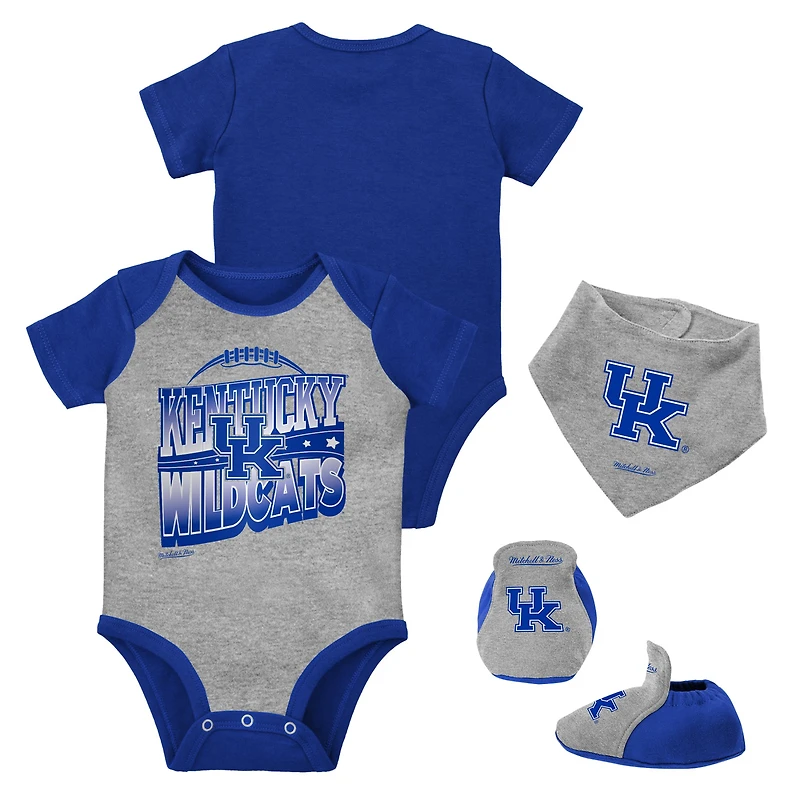 Ensemble de 3 bodys, bavoirs et chaussons Mitchell & Ness Royal/Heather Grey Kentucky Wildcats pour bébé