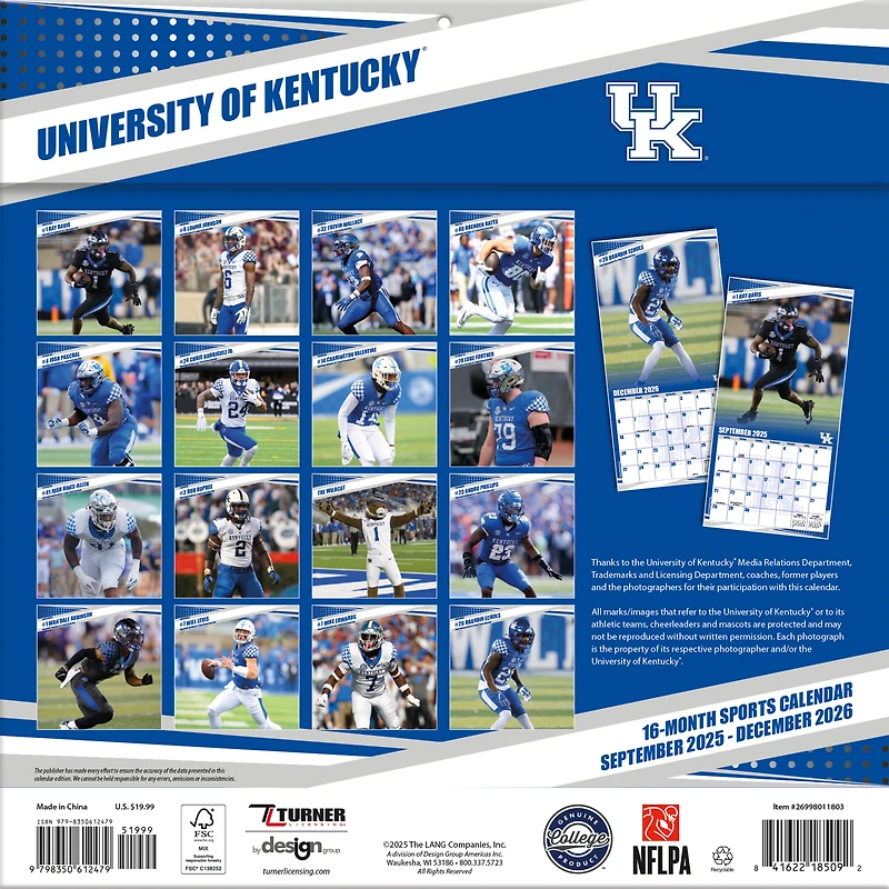 Kentucky Wildcats 12” x 12” 2026 Team Wall Calendar